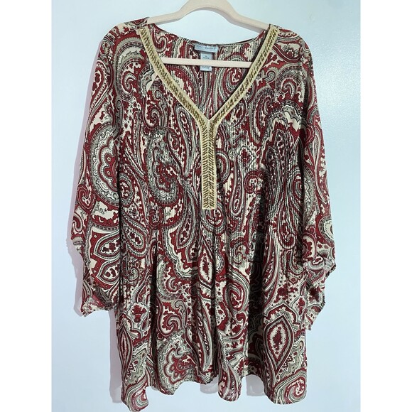 Catherines Blouse Top Women 3X Red Paisley Beads Boho Classy Office Semi Sheer - Picture 1 of 12